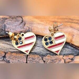 Avon Earrings Patriotic Red White Blue Studs with Dangle Hearts Gold Tone